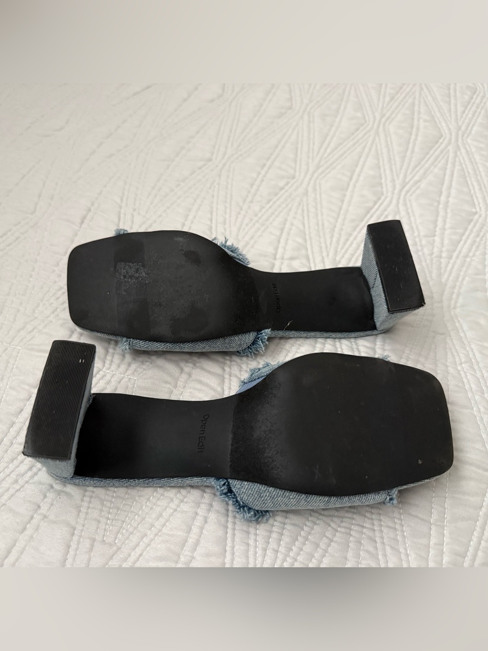 Open Edit Frayed Denim Block Heel Mules - Blue - Picture 5 of 6